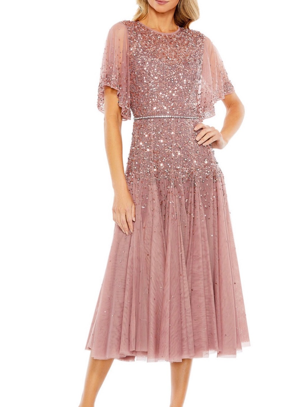 Mac Duggal Rose Blush Sequin Midi Dress